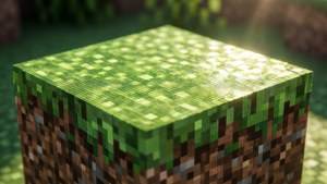 Detailed macro view of a Minecraft grass block with sunlight