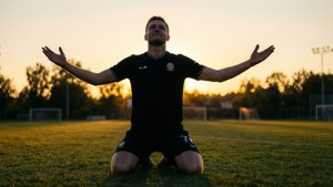 Kacper Przybylko polvistuu kiitollisena maalinteon jälkeen, siluetti auringonlaskussa