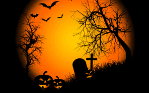 Halloween scene with bats trees tombstones and glowing jack o lanterns against orange sky.