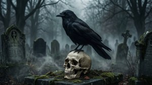Papel de parede de corvo preto sinistro sobre caveira em cemitério enevoado.