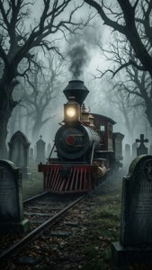 Choo-Choo Charles plane dans un cimetière brumeux.