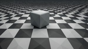 Fondo de pantalla geométrico low-poly 3D de un cubo gris sobre un piso de ajedrez infinito, que evoca quietud.