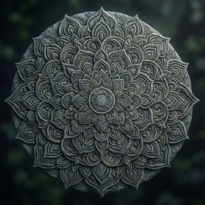 Intrincado mandala gris sobre fondo oscuro.