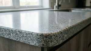 Bancada de granito minimalista limpa com finas salpicos pretos, estilo cozinha
