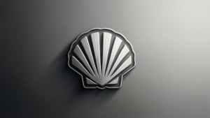 Monochrome Shell logo with silver gradient.