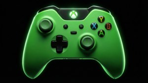 Kontroler hijau Xbox dengan logo bercahaya di atas hitam.