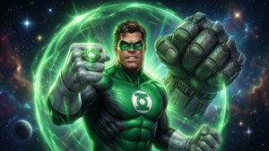 Green Lantern skaber en kæmpe grøn konstruktion i et rumslag