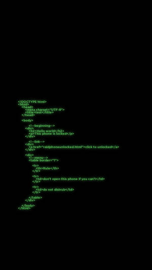 Código HTML verde brilhante em fundo preto com avisos e links — Hackeando o Android Foto Papéis de Parede