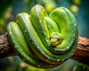 A green tree python coiled on a tree branch in a jungle. — Unique Wallpaper