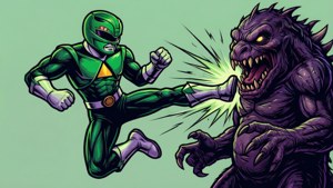 Un vecteur plat de Green Ranger donnant un coup de pied à un monstre avec des lignes d'action.