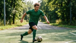 En dynamisk utendørs futsalspiller som løper med ballkontroll i naturlig sollys.