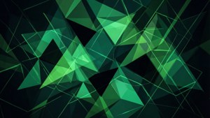 An abstract geometric wallpaper with green and black shapes evoking Android technology.