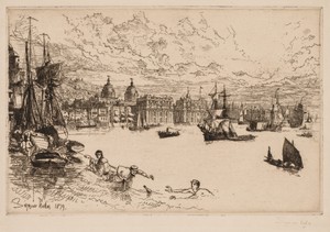 Greenwich by Francis Seymour Haden, created 1879, in etching. Download this artwork as a high-resolution wallpaper for desktop, tablet, or mobile. — Francis Seymour Haden Wallpaper