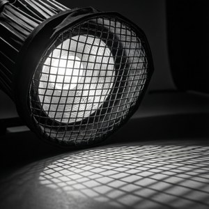 Abstraktes Muster von einem Studiolicht mit Gitter, schwarz und weiß.