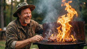 Willie Robertson smiler og griller med ild og røyk utendørs.