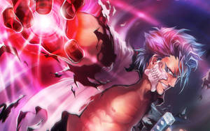 Anime warrior with pink hair firing a red energy blast in a cosmic battle.