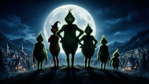 Une silhouette mystérieuse de l'équipe Grinch contre une pleine lune dans ce fond d'écran sombre.