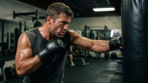 Dustin Jacoby training with a heavy bag at the gym.