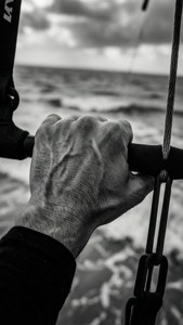 Detaillierte Nahaufnahme der Hand eines Kitesurfers an der Bar.