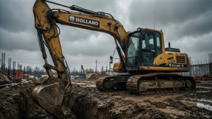 New Holland -kaivinkone työskentelee mutaisella rakennustyömaalla pilvisen taivaan alla.