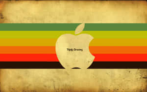 Retro Apple logo with 'Think Groovy' text on rainbow stripes.