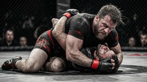 Intensa scena di grappling con Guy Mezger, catturata in un monocromo ad alta velocità con riflessi rossi.