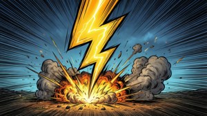 Cartoon lightning bolt hitting ground with sparks and smoke explosion.