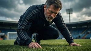 Allenatore di calcio accovacciato che studia il campo wallpaper concept art