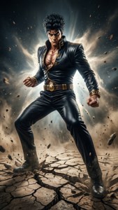 Jotaro seisoo taisteluasennossa halkaisten maan allaan.
