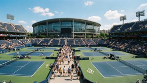 Panoramic grounds of US Open with courts and fans. — US open Wallpaper