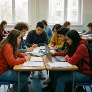 Studenter som studerer sammen ved pulter i et klasserom med bærbare PC-er og notatbøker.