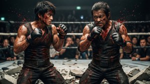 Brutale Kampfszene Wallpaper von Ohma Tokita vs Raian Kure aus Kengan Ashura