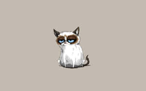 Un chat de dessin animé grognon aux yeux bleus et aux marques brunes assis sur fond beige.