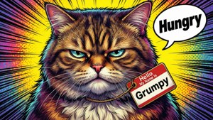 En tegneserieaktig sur katt med navnelapp og snakkeboble