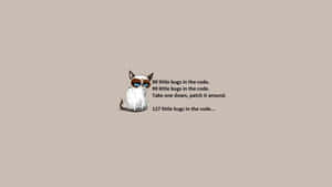Chat grincheux aux yeux bleus à côté d'un texte de débogage sur fond beige.