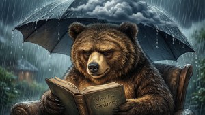 Grumpy Bear reads a book under an umbrella in the rain, detailed sketch art.