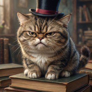 Chagrijnige anime-kat met hoge hoed op boeken.