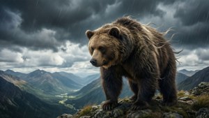 Grumpy Bear menaklukkan puncak gunung, render 3D fotorealistik dengan langit epik.