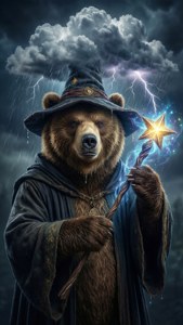 Grumpy Bear som en trollmann, som kaster magi med regnskyen sin, fantasy-kunst.