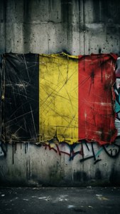 Nedslidt belgisk flag på en betonvæg, street art-stil.