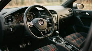 Uno scatto accogliente degli interni di una VW Golf GTI con sedili a quadretti e illuminazione calda.