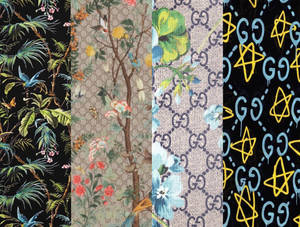 Four luxury wallpaper designs featuring birds, florals, monograms, and dripping stars. — Gucci Pattern Picture