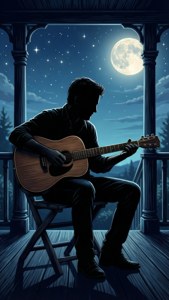 Pria bermain gitar di teras di bawah bulan purnama dan bintang
