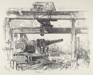 Gun-Testing by Joseph Pennell, created 1916, in lithograph. Download this artwork as a high-resolution wallpaper for desktop, tablet, or mobile. — Art Picture