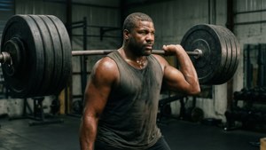 Andrew Tate mengangkat beban berat di gym yang remang-remang, otot membesar, keringat