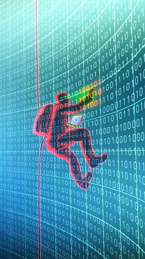 Uma silhueta de hacker vermelha neon escala uma grade digital enquanto digita em um laptop brilhante. — Hackeando o Android Foto Papéis de Parede
