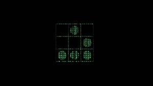 Digital grid with glowing green binary code circles on black background