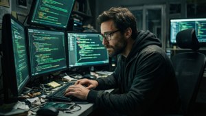 Rami Malek en una configuración de hacker con monitores y código