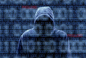 Silhouette of a hooded person in a digital binary code environment.