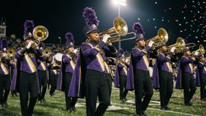 Marching band Allen University dalam warna ungu dan emas di bawah lampu stadion pada malam hari